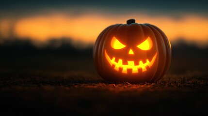 Spooky Cartoon Pumpkin with Exaggerated Expression Glowing - Halloween Concept in