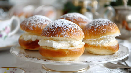 donuts with icing sugar, Indulgent Cream-Filled Brioche Buns Sprinkled with Powdered Sugar