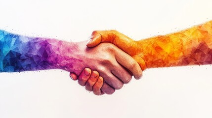 Hands of different colors engage in a firm shake, representing partnership and mutual support between diverse individuals.