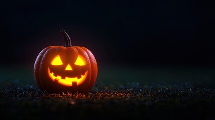 Fototapeta premium Expressive Cartoon Pumpkin with Changing Emotions from Happy to Terrifying Glowing in Flickering Light - Copy Space for Text