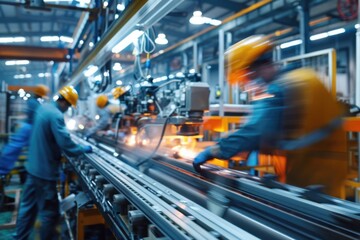 A group of workers on a factory floor, busy with their tasks