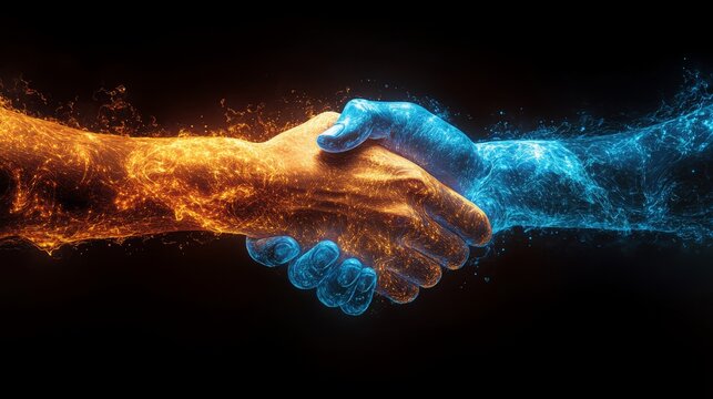 A striking handshake combines fiery orange and icy blue elements, symbolizing the union of contrasting forces on a dark background.