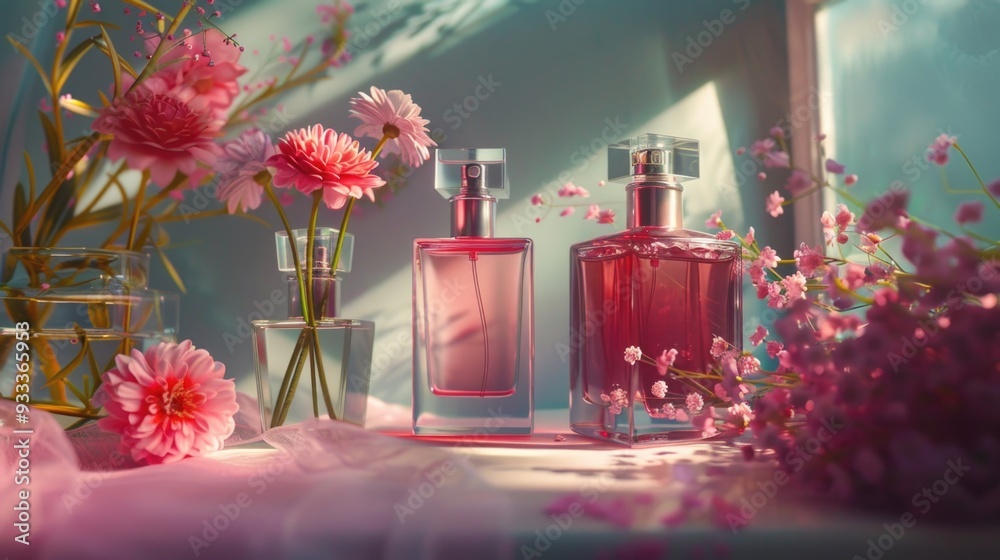 Poster a pair of perfume bottles sit on a table, waiting to be used or displayed