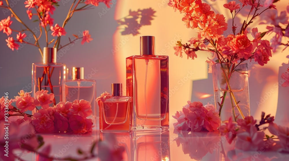Poster A collection of perfume bottles arranged on a table, perfect for commercial or editorial use