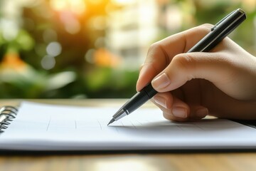 A close-up of a hand holding a pen, writing in a notebook with a warm, sunny background, perfect for concepts of creativity and inspiration.