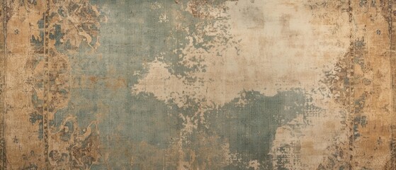 Obraz premium A distressed vintage rug with abstract patterns featuring faded blue and beige tones, evoking a rustic and antique ambiance.