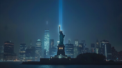 
The Statue of Liberty illuminated at night with the New York City skyline in the background