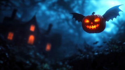 Fototapeta premium Spooky Pumpkin Creature with Wings Flying Over Haunted House in Cartoon Style - Halloween with Copy Space