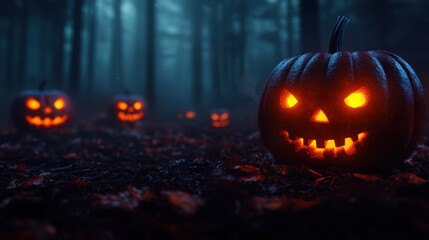 Enchanted Haunted Forest: Spooky Scene with Glowing-Eyed Pumpkins, Eerie Fog, and Copy Space for Text, Selective Focus,