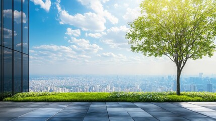 Rooftop garden with a tree and cityscape in the background.