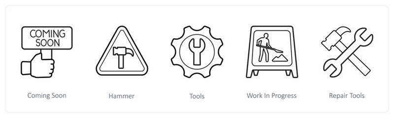 A set of 5 under maintenance icons such as coming soon, hammer