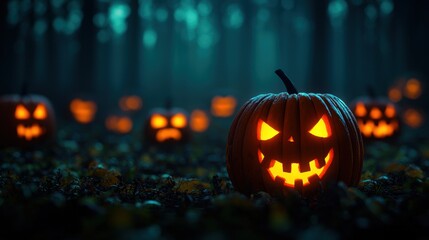 Fototapeta premium Enchanted Haunted Forest with Spooky Pumpkins - Cartoon with Copy Space for Text in Quality