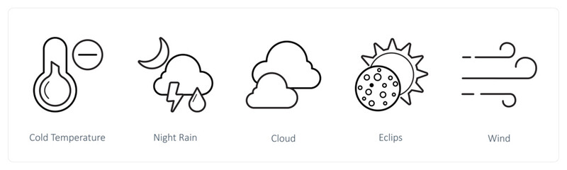 A set of 5 weather icons such as cold temperature, night rain