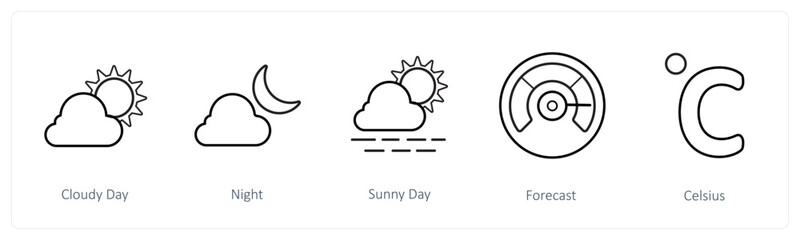 A set of 5 weather icons such as cloudy day, night