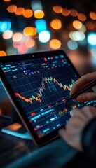 Close-up of a person analyzing stock market data on a tablet, with colorful bokeh background emphasizing finance and technology.