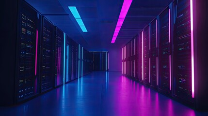 Fototapeta premium Rows of servers lit in pink and blue neon.