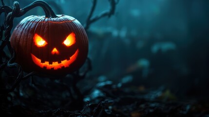 Fototapeta premium Enchanting Spooky Pumpkin Patch with Glowing Eyes and Twisted Vines in Foggy Night - Ultra HD