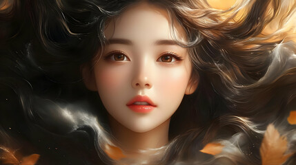 Fototapeta premium Close-up portrait of a young woman with long brown hair and leaves blowing around her.