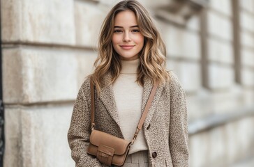 Young woman in stylish outfit posing outdoors in city in autumn