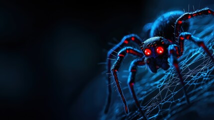 Fototapeta premium Eerie Spider with Glowing Red Eyes in Web-Covered Dark Corner of Room, Selective Focus, Ultra HD, Copy Space