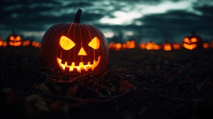 Sinister Glowing Jack-o'-Lanterns in Pumpkin Field with Twisted Vines and Dark Clouds - Ultra HD Photo with Copy Space