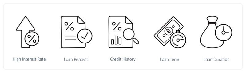 A set of 5 loan icons such as high interest rate, loan percent
