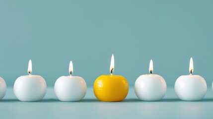 A yellow candle sits in the middle of a row of white candles.