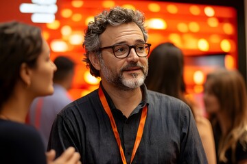 Engaged in Conversation: A man with glasses speaks intently with a colleague at a networking event, his focused expression reflecting the buzz of the lively atmosphere. 