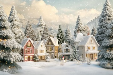 Fototapeta premium Snowy Winter Village with Christmas Lights and Snowman