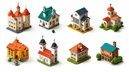 Set of eight 3D isometric illustrations of European buildings, including a church, a house, and a chapel.