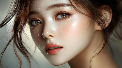 Fototapeta premium Close-up portrait of a young woman with soft, natural makeup and glowing skin.