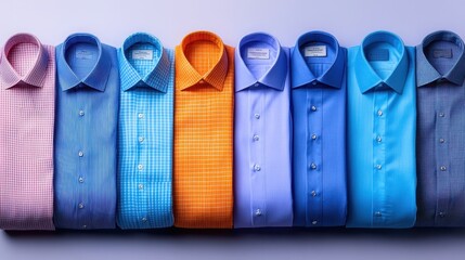 A vibrant collection of neatly folded dress shirts in various colors and patterns, showcasing modern fashion options.