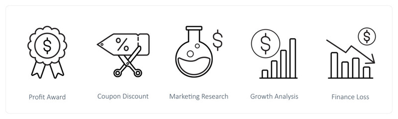 A set of 5 ecommerce and shopping icons such as profit award, coupon discount