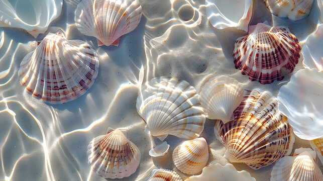 seashells on the beach, A collection of seashells in clear shallow water with sunlight reflections