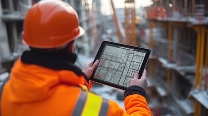 Engineer or site supervisor examines building plans on a tablet while overseeing construction progress at an active site, integrating digital tools into modern construction practices.