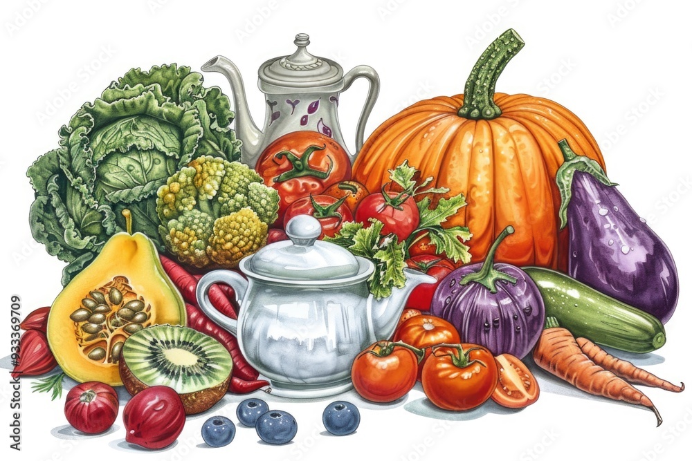 Poster a colorful mix of fresh fruits and vegetables on display
