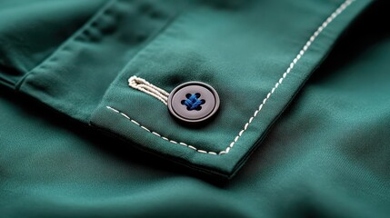 Close-up of a stylish button on green fabric, showcasing detailed stitching and design.