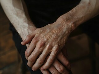 Close-up of weathered hands resting on each other in a dimly lit indoor setting