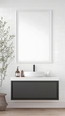 Fototapeta premium An elegant and contemporary powder room design featuring a white background frame,a modern farmhouse-inspired gray vanity cabinet,subway tile walls.