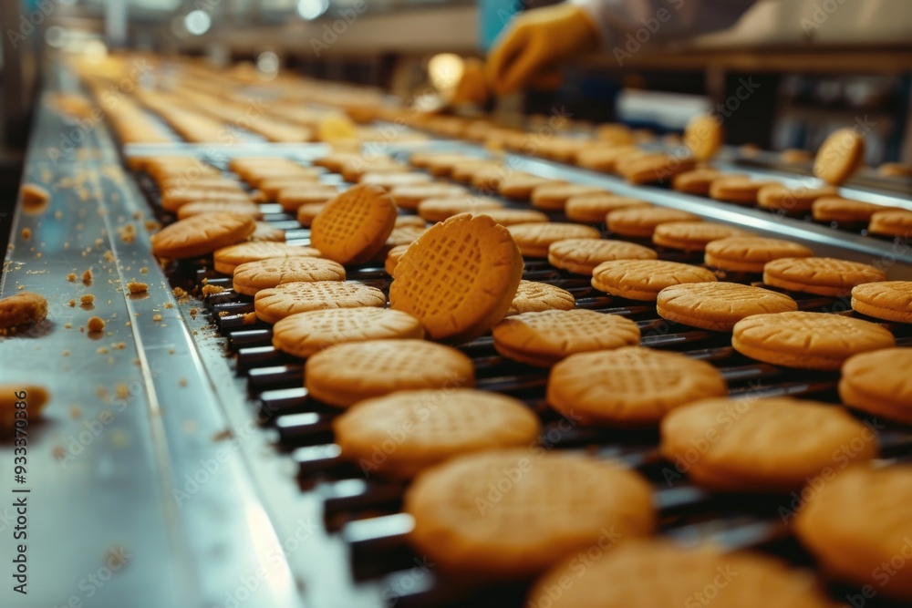 Poster A colorful conveyor belt loaded with various types of cookies