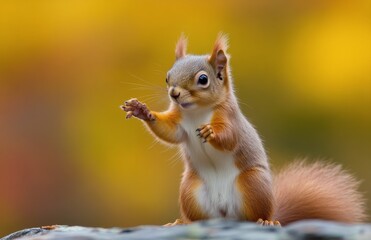 Obraz premium A curious squirrel stands on a rock amidst blooming wildflowers at dawn