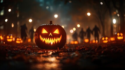 Haunting Halloween Night - Spooky Street with Glowing Jack-o'-lanterns and Shadowy Figures Under Eerie Atmosphere, Copy Space, Selective Focus. Ultra HD.