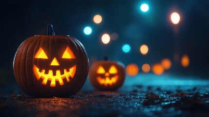 Naklejka premium Eerie Halloween Scene with Glowing Jack-O'-Lanterns and Shadowy Figures on Spooky Street - Ultra HD