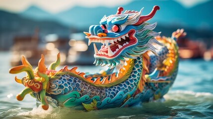 Fototapeta premium Energetic man rowing in dragon boat festival race on stunningly adorned dragon boat