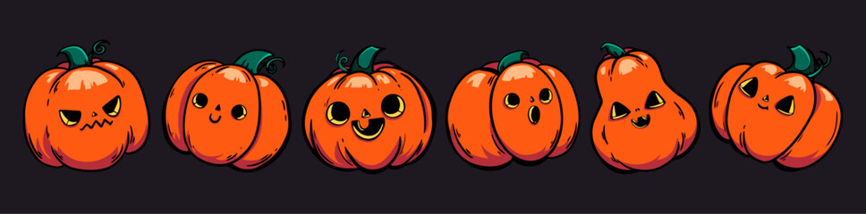 Halloween pumpkin head set. 6 Handdrawn autumn illustration with a funny pumpkin. Doodle pumpkin Trick or treat. Spooky kawaii face Pumpkin. Vector illustration isolated in cartoon style.