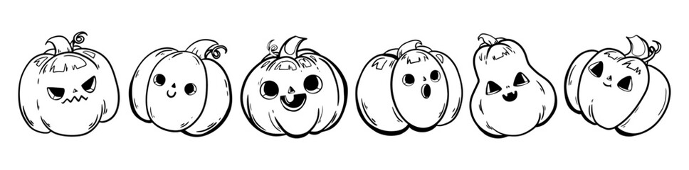 Halloween pumpkin head set. 6 Handdrawn autumn illustration with a funny pumpkin. Doodle pumpkin Trick or treat. Spooky kawaii face Pumpkin. Vector illustration isolated in cartoon style. Outline icon
