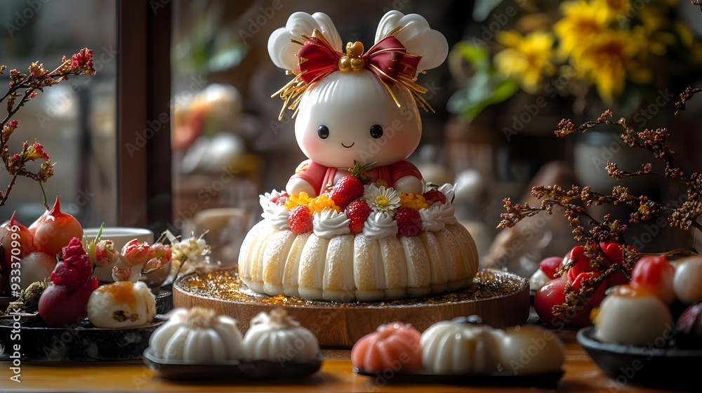 Wall mural cute bunny-shaped cake with red and white decorations surrounded by other sweet treats on a wooden t