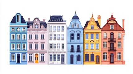 Fototapeta premium Six colorful houses with various architectural designs, windows, and doors.