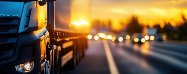 A close-up of a truck on a highway during sunset, showcasing the beauty of transportation and the warmth of evening light.