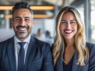 Professional portrait of a smiling business man and woman in modern office.